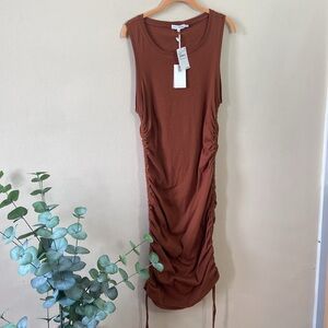 New Brown Good American Ruched Dress BodyCon 5 Large Cotton Stretch Short Casual